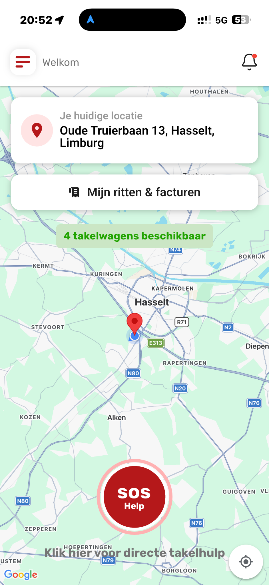 HelpMyCar startscherm met SOS-knop en kaart